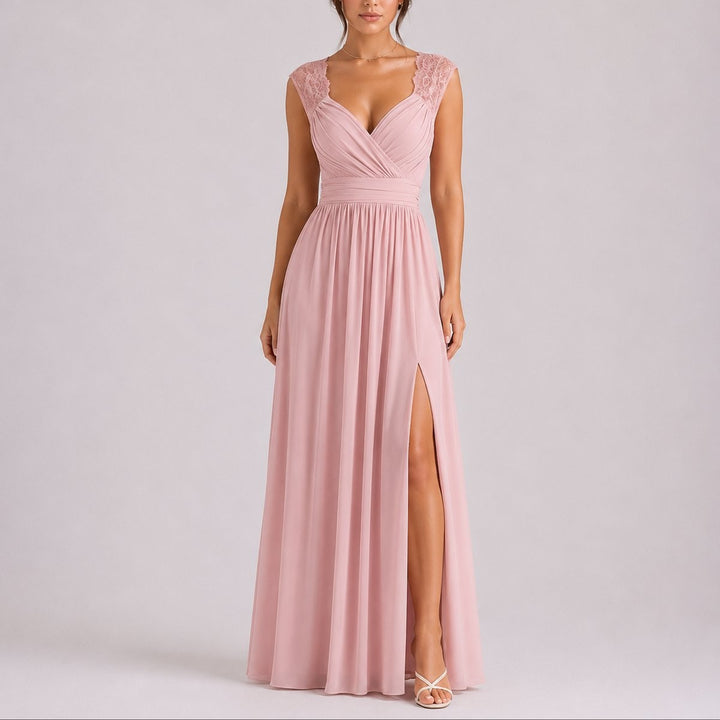 Dusty pink chiffon maxi dress featuring V-neckline and lace cap sleeves