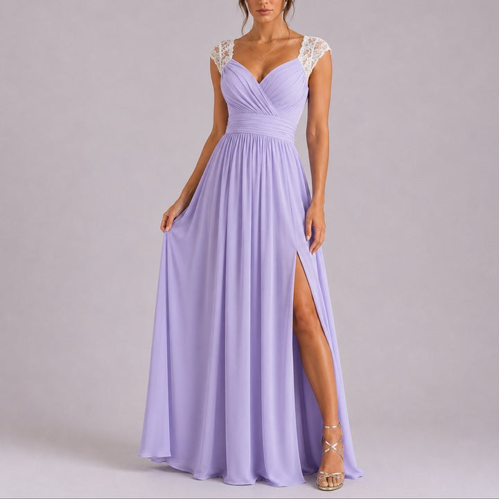 Lilac chiffon evening gown with contrast white lace shoulder detail