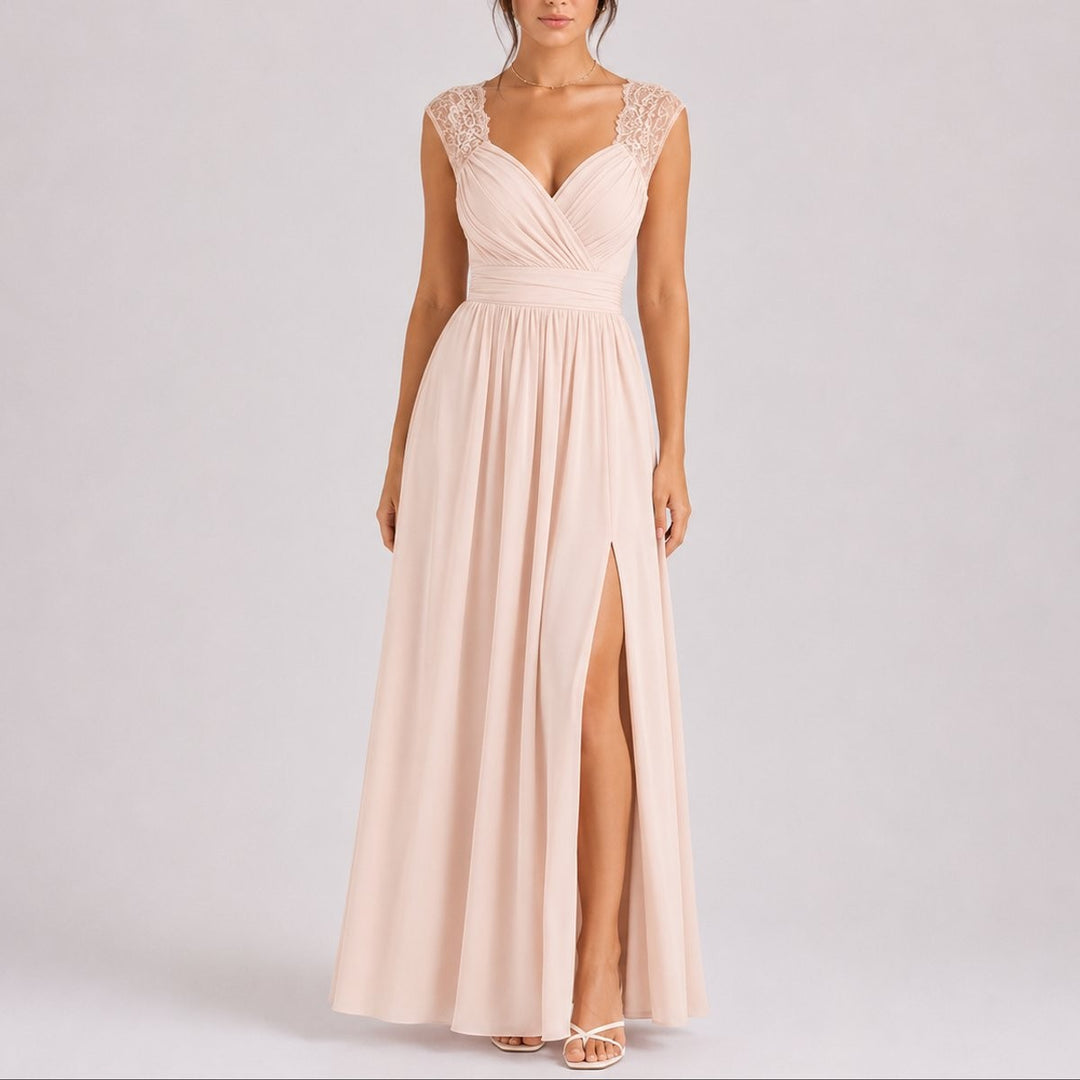 Blush chiffon maxi dress with sweetheart neckline and floaty pleated skirt