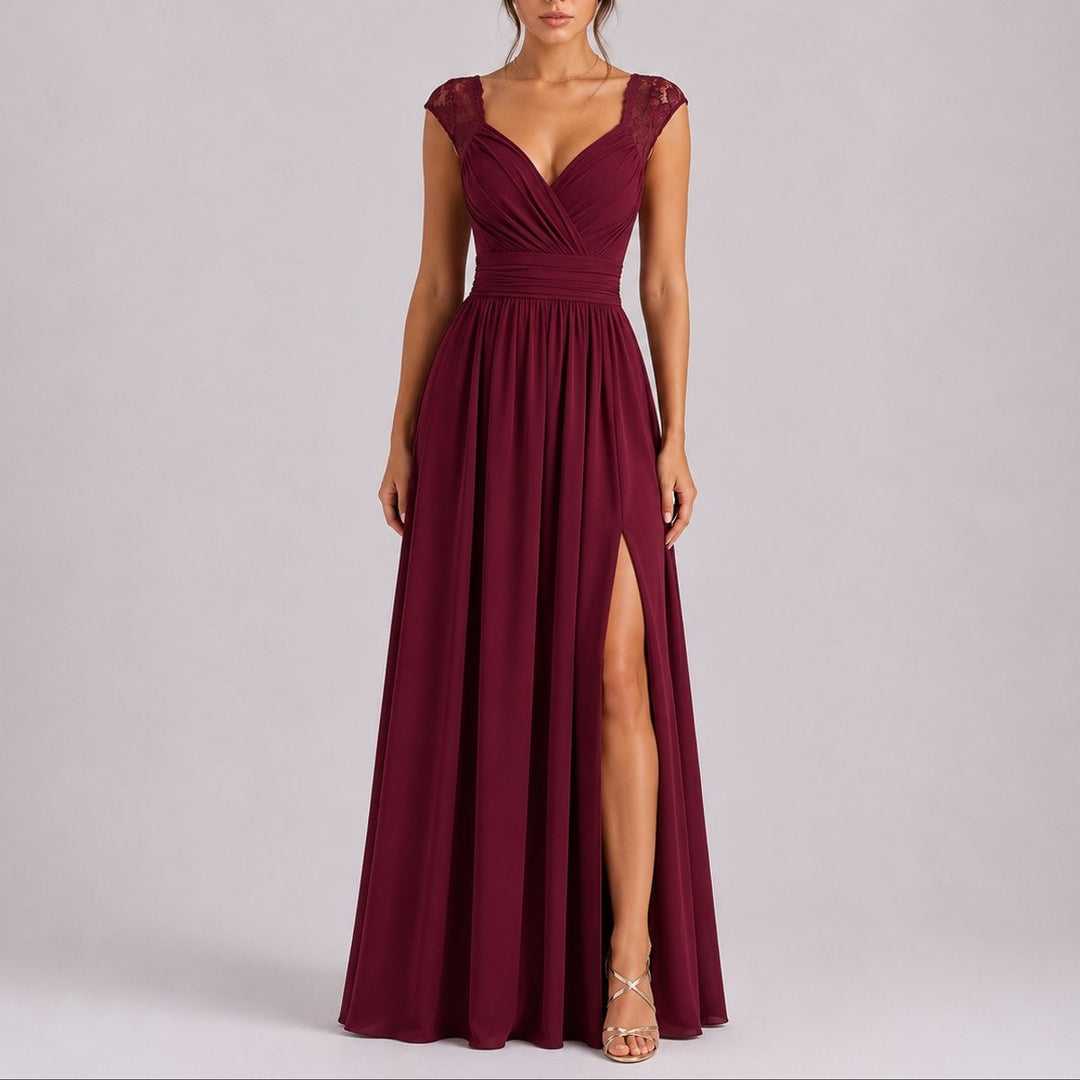 Burgundy chiffon wedding guest dress with lace straps and leg split