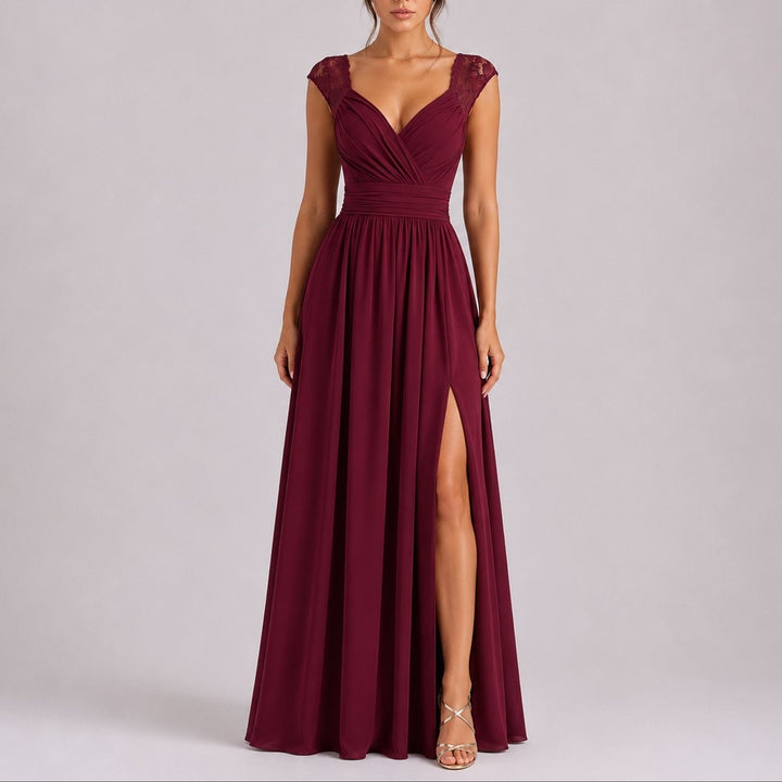 Burgundy chiffon wedding guest dress with lace straps and leg split