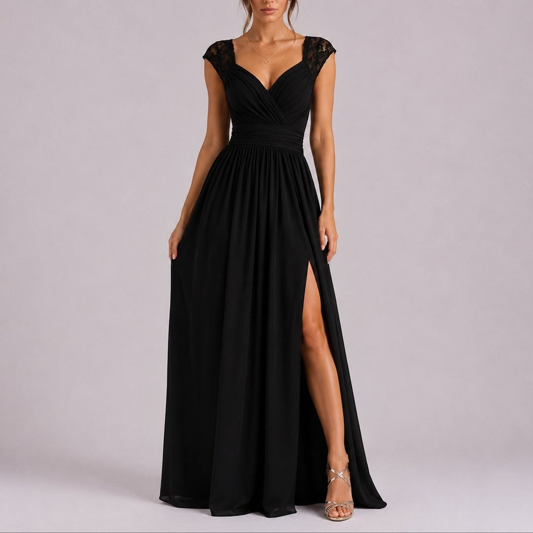 Black chiffon maxi dress featuring lace shoulders and flowing A-line skirt