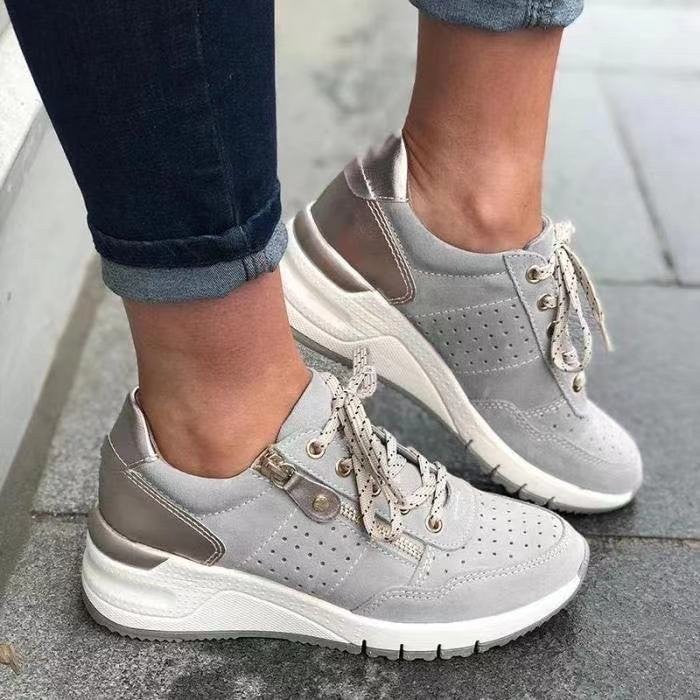 Grey suede wedge trainers with metallic heel panel and lace-up front