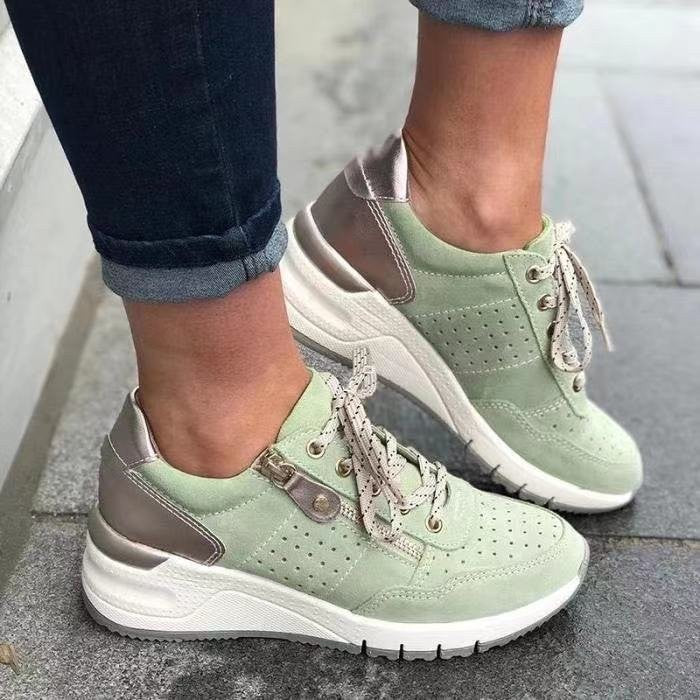 Sage green suede orthopaedic trainers with bronze metallic heel trim