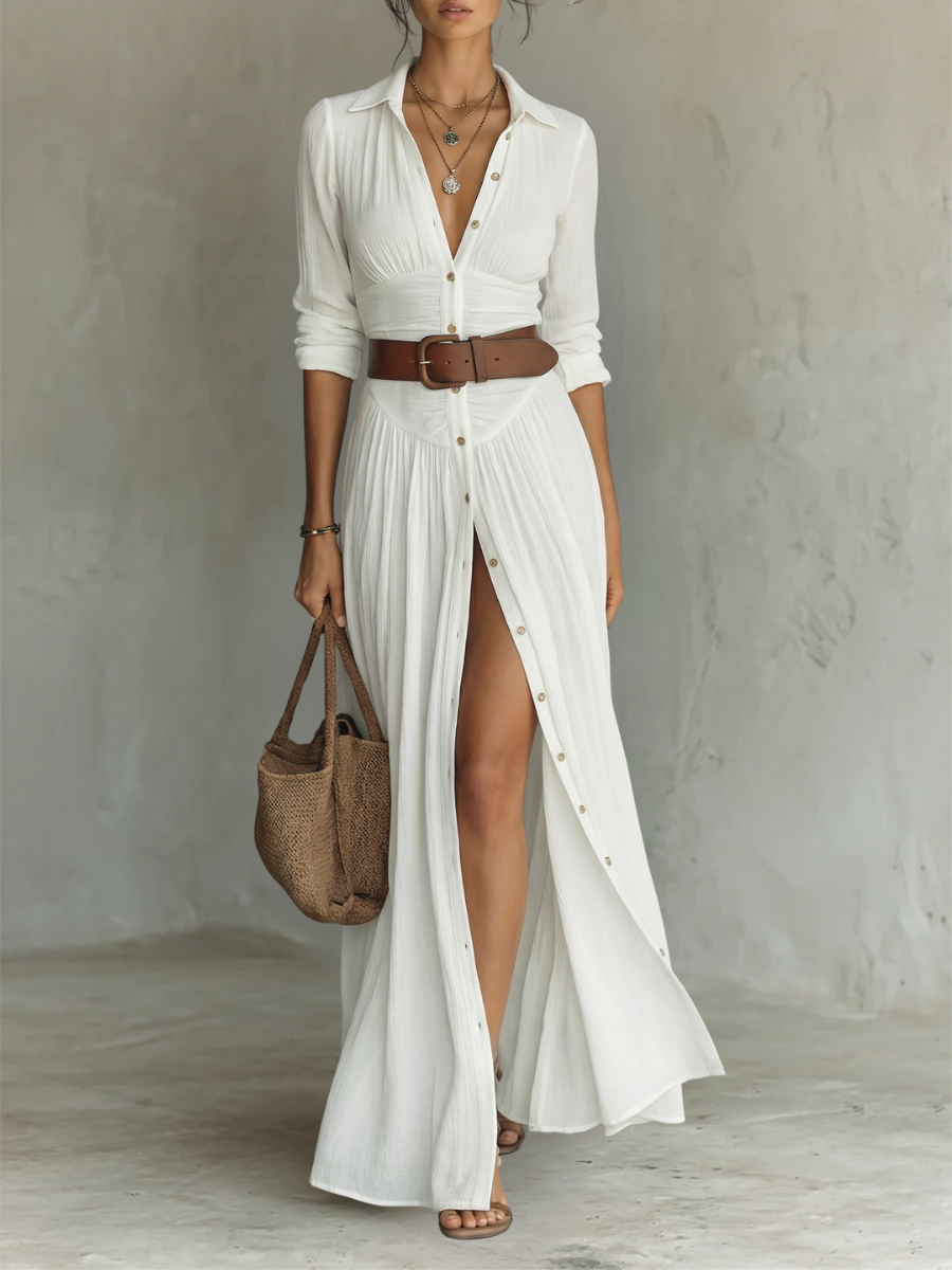 White button-front maxi shirt dress with collar, belted waist and thigh-high split