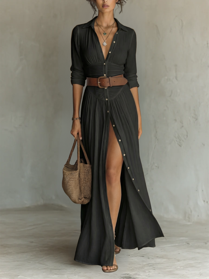 Charcoal button-front maxi shirt dress with collar, belt and side split