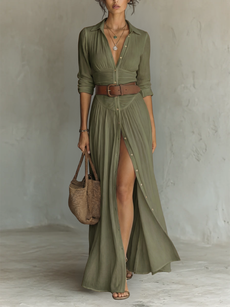 Khaki green collared maxi shirt dress with buttoned front and leg split