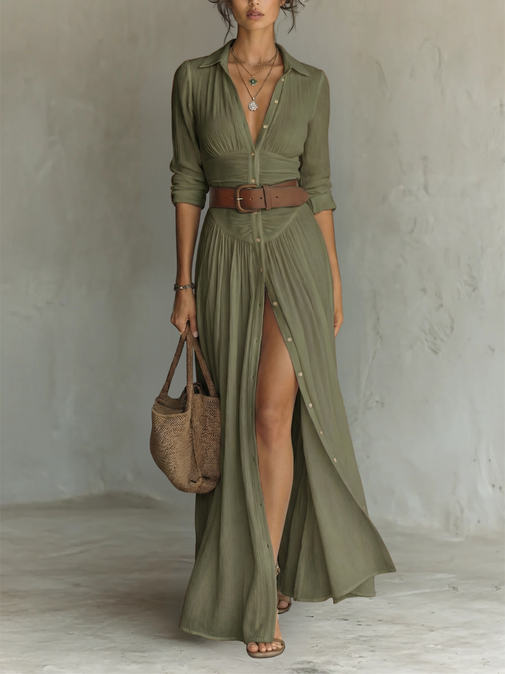 Khaki green collared maxi shirt dress with buttoned front and leg split