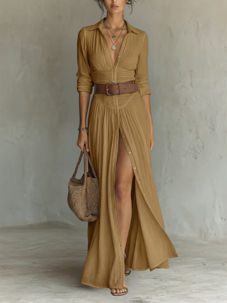 Camel long sleeve collared maxi dress with belted waist and button detail