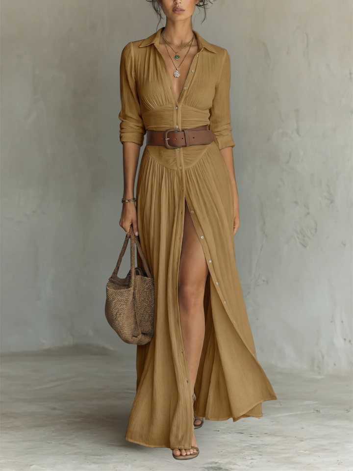 Camel long sleeve collared maxi dress with belted waist and button detail