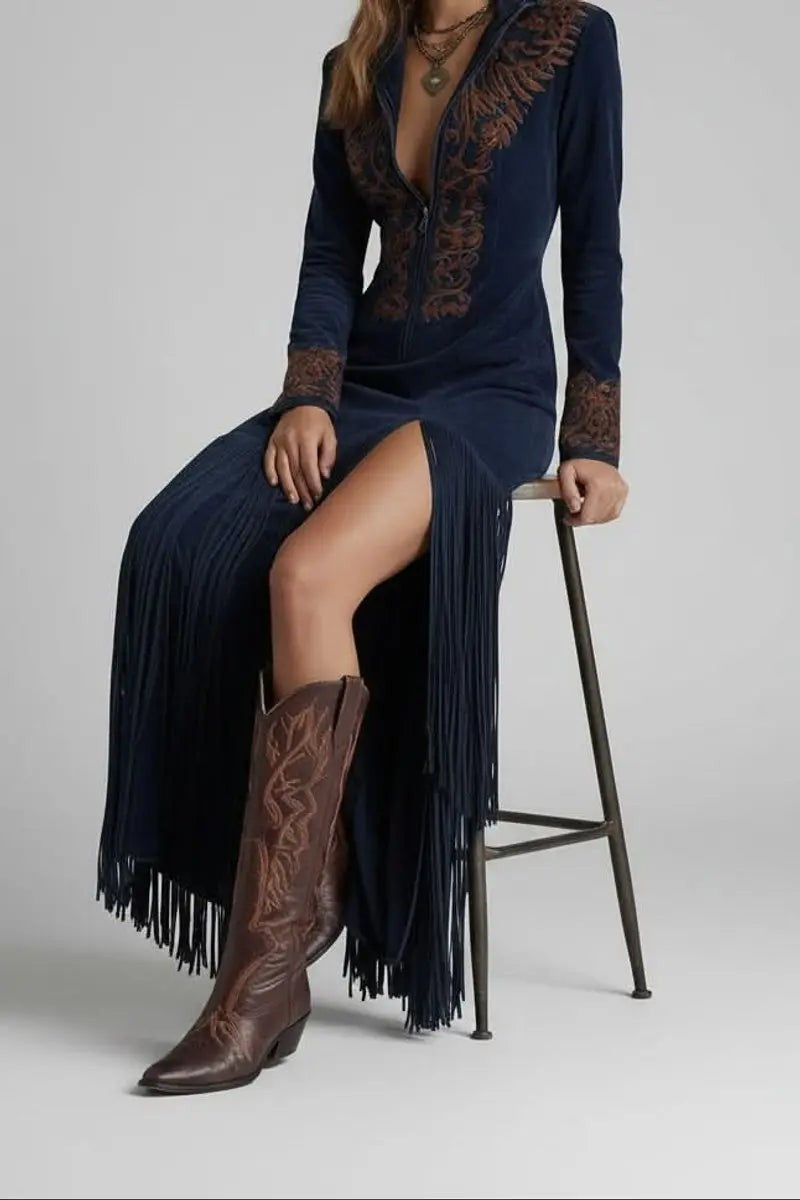 Navy fringe maxi gown with embroidered western detailing and cowboy boots