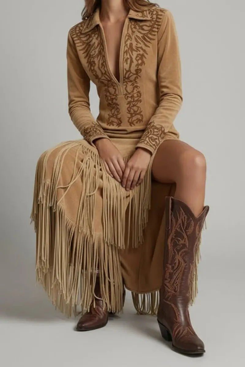Camel fringe maxi dress featuring embroidered detailing and tiered tassels