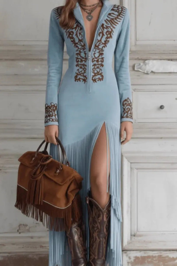 Pale blue western embroidered maxi dress paired with suede fringed holdall