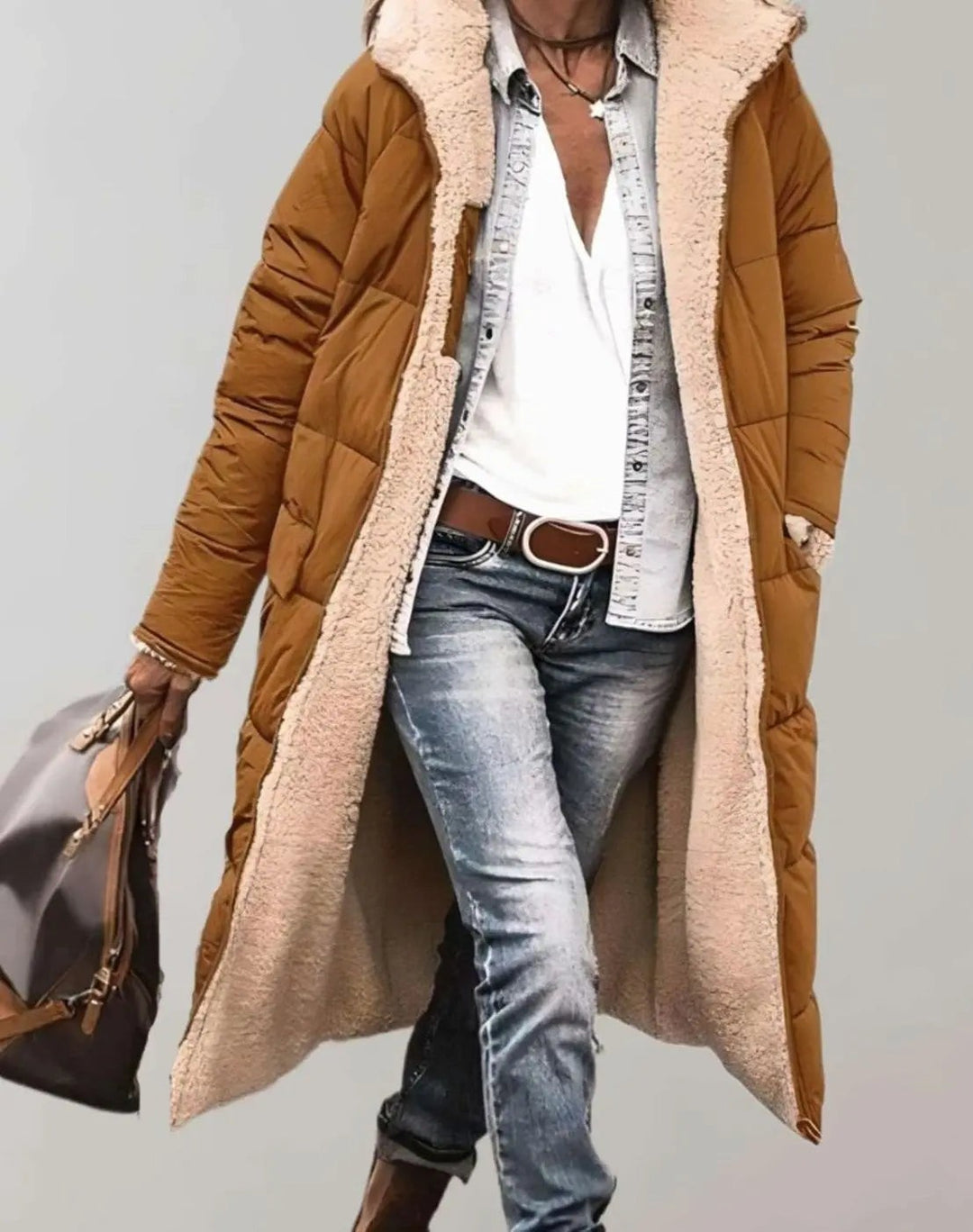 Camel longline quilted coat with fleece-lined hood and cosy shearling trim