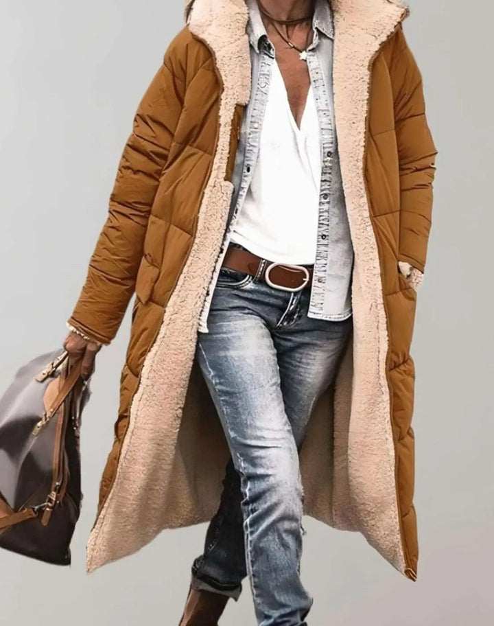 Camel longline quilted coat with fleece-lined hood and cosy shearling trim