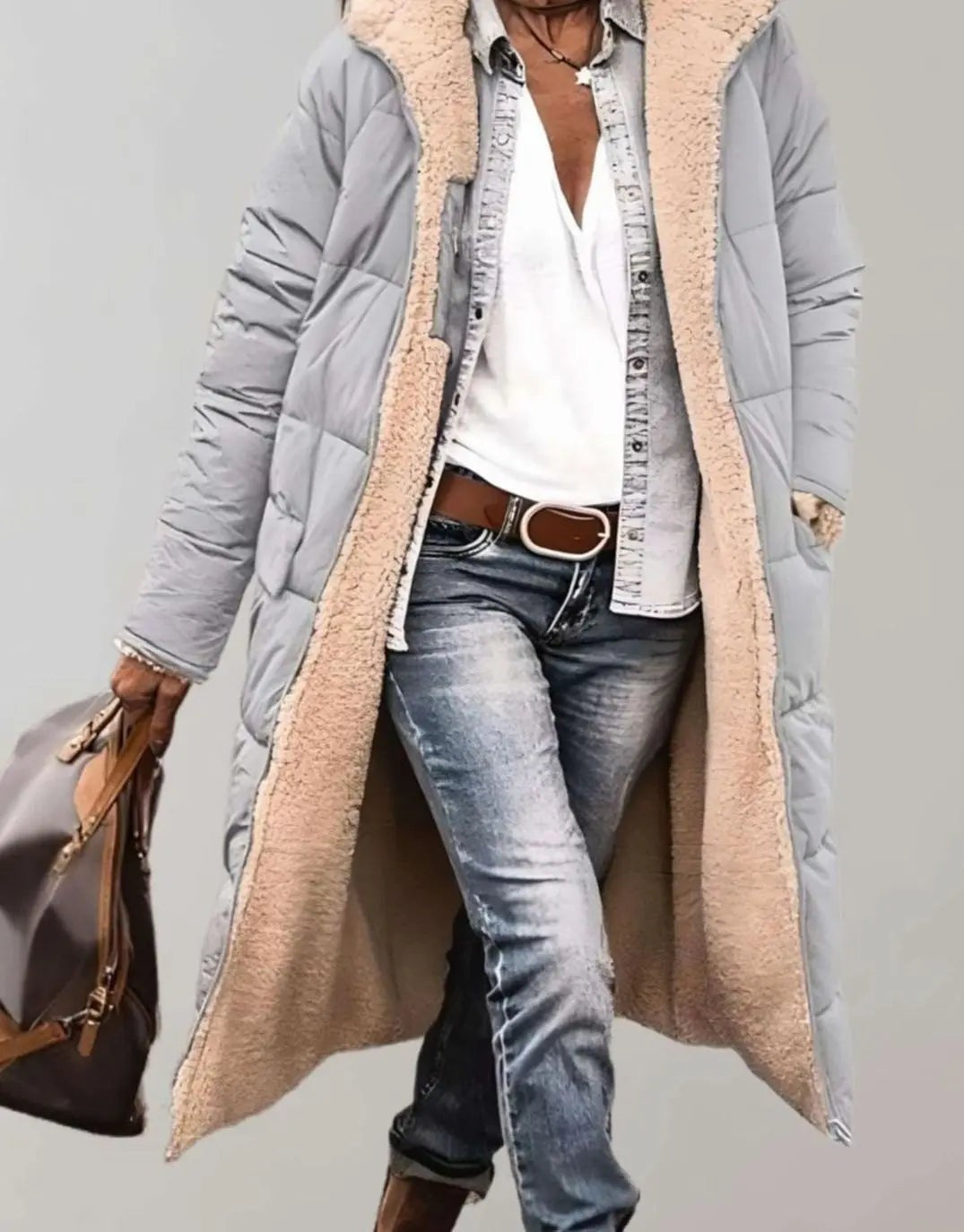 Grey padded hooded coat with contrasting cream fleece-lined trim