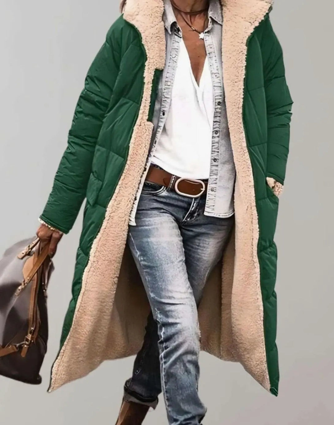 Forest green hooded puffer coat with soft cream fleece lining