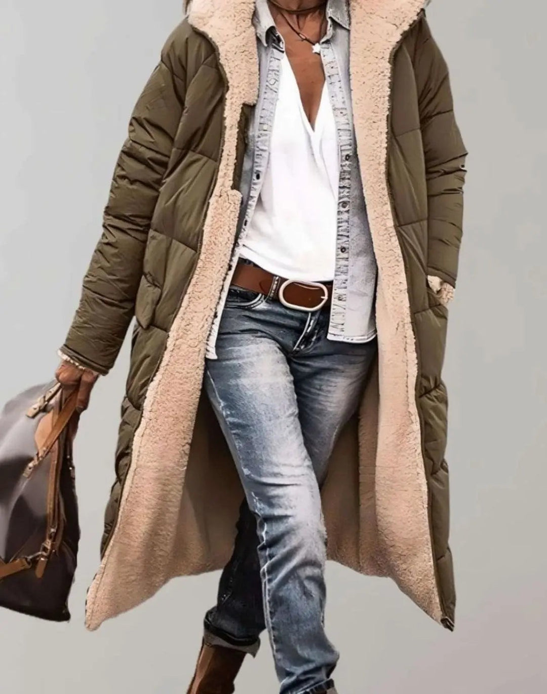 Khaki longline quilted coat featuring fleece-lined hood and trim