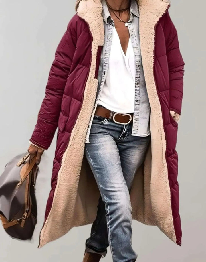 Burgundy quilted hooded coat with cosy cream fleece-lined edges
