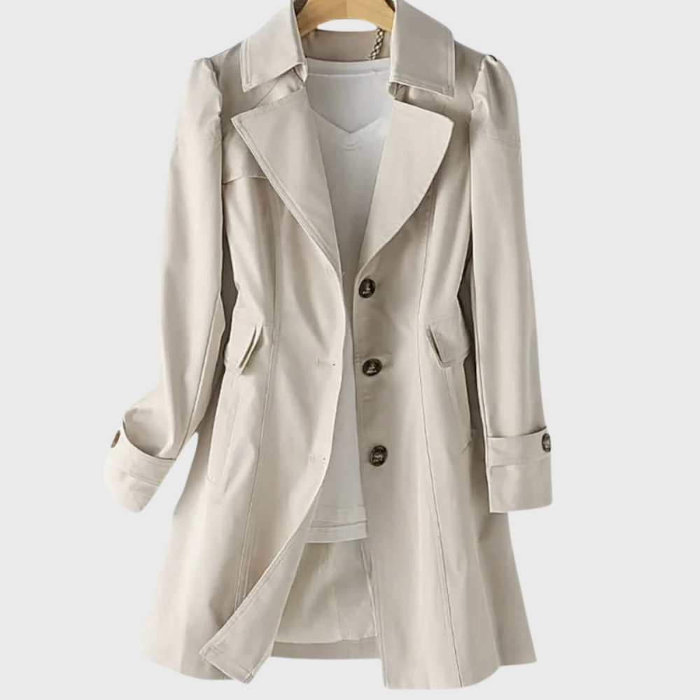 Stone beige trench coat with notched lapel and button cuffs, worn open