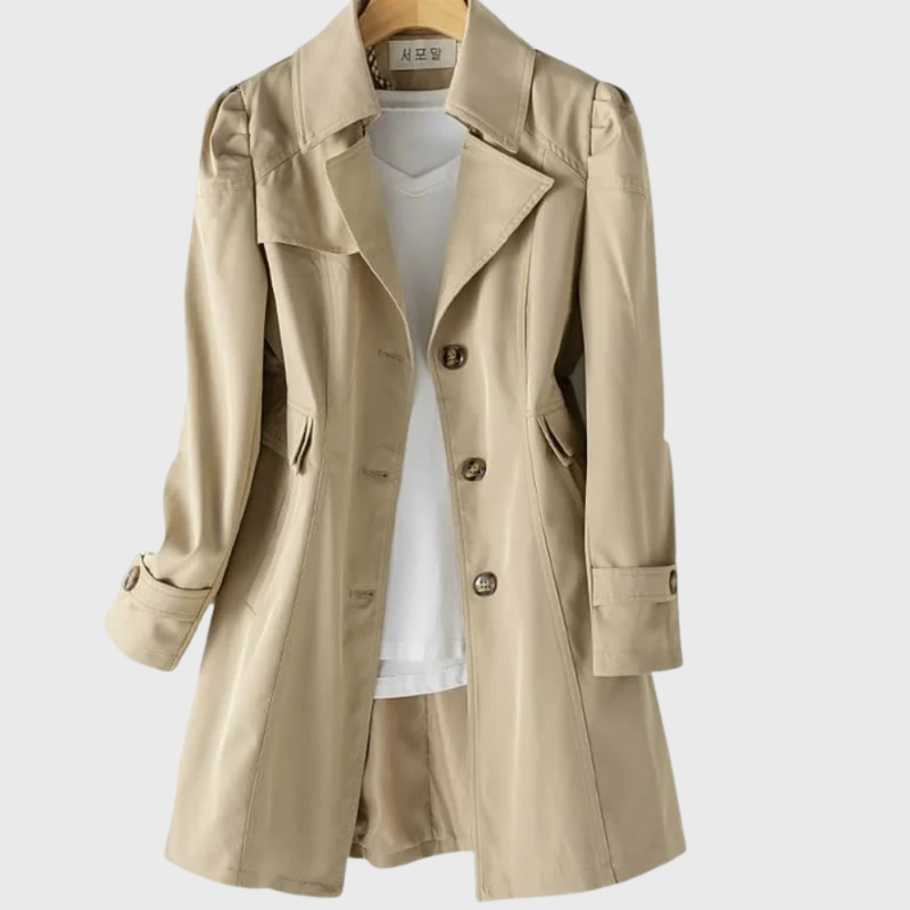 Khaki trench coat with button-up front and flap pockets, mid-length cut