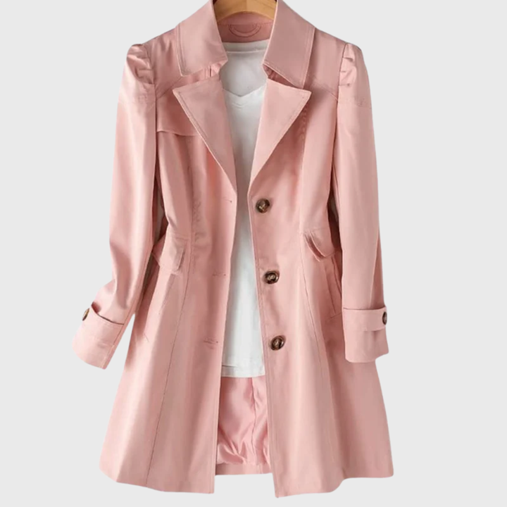 Blush pink trench coat with notched collar and structured shoulders