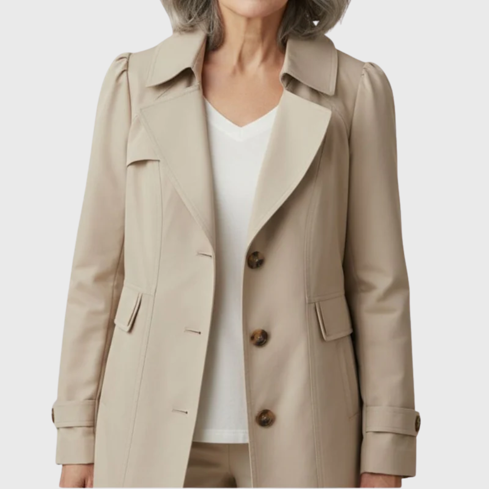 Beige trench coat close-up showing lapel collar and horn-style buttons