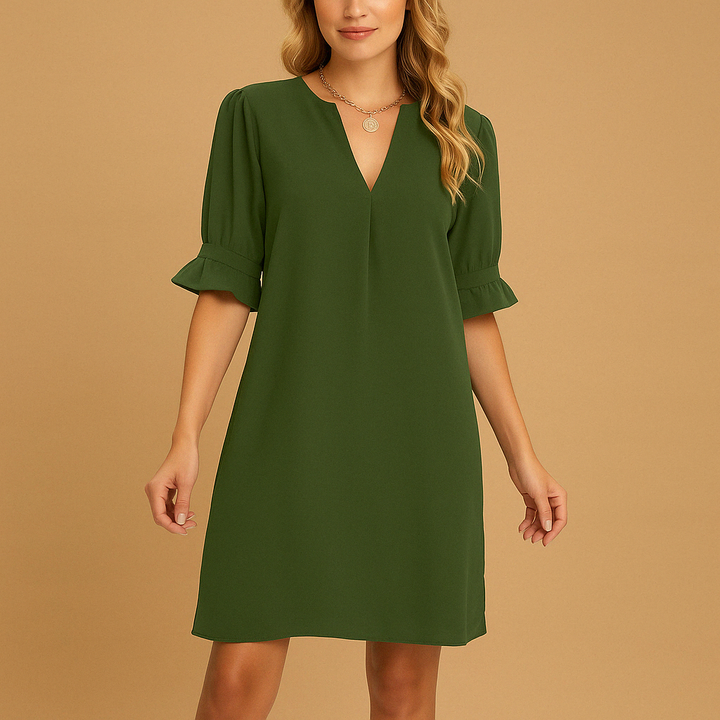 Olive green mini dress showcasing V-neck and ruffled sleeve detail