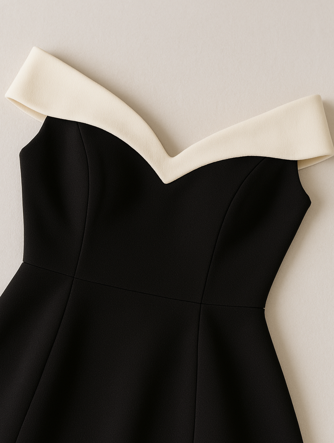 Close-up of ivory contrast neckline detail on black off-shoulder mini dress