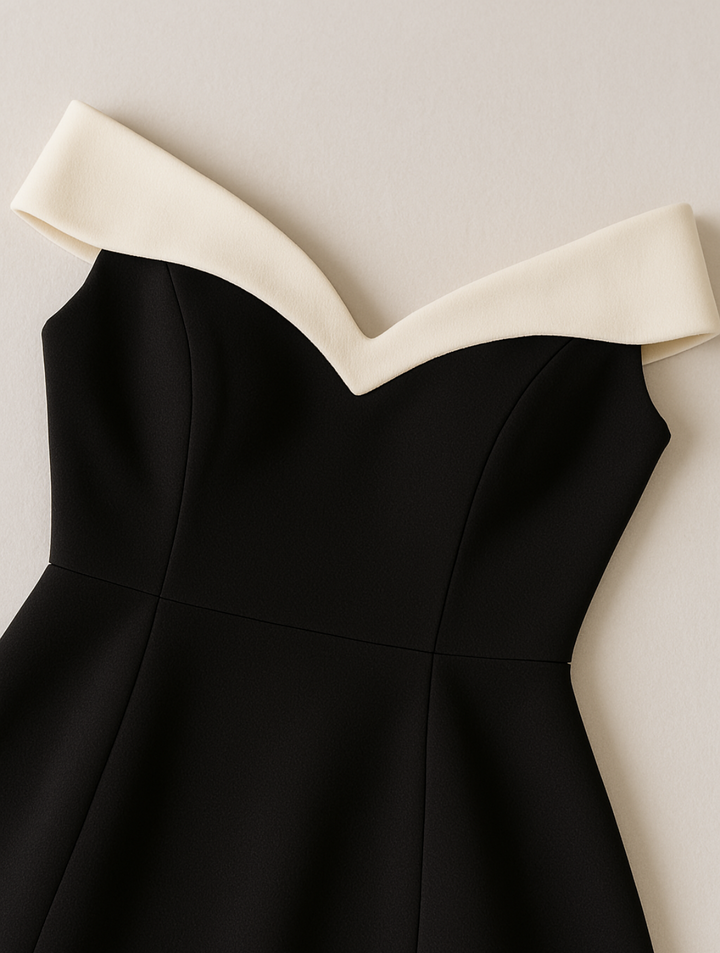 Close-up of ivory contrast neckline detail on black off-shoulder mini dress