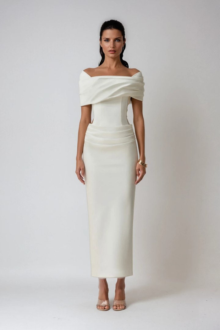 Ivory off-shoulder maxi dress with draped neckline and ruched waist detail