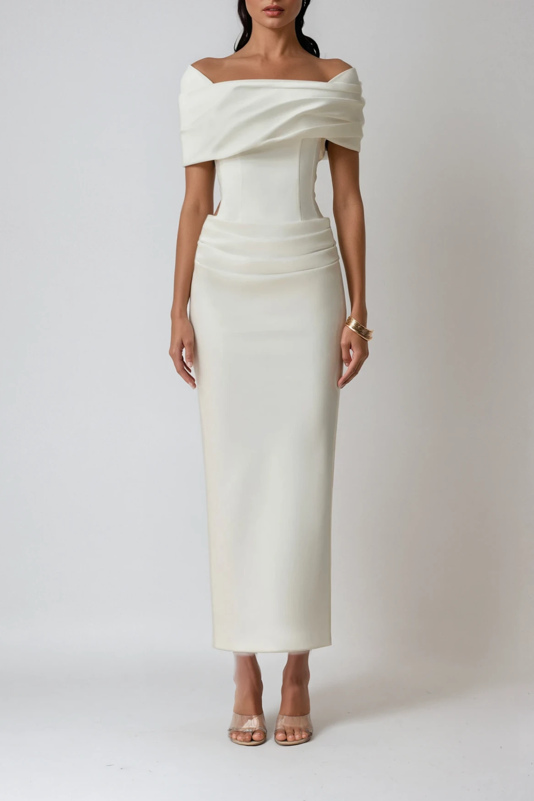 Close-up of ruched off-shoulder neckline on ivory column maxi dress