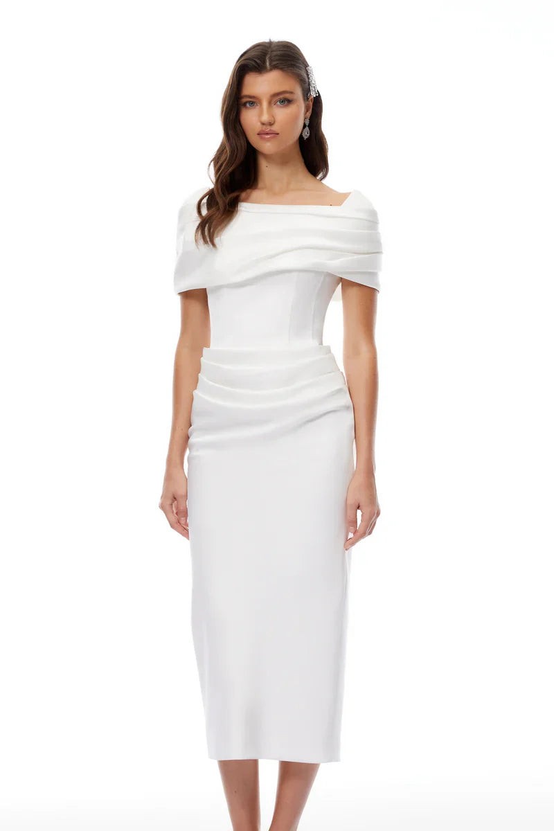 White off-shoulder midi dress styled with ruched waist and sleek updo