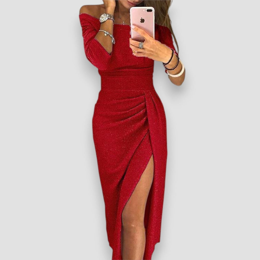 Red sparkly off-shoulder dress showing ruched wrap skirt and high split