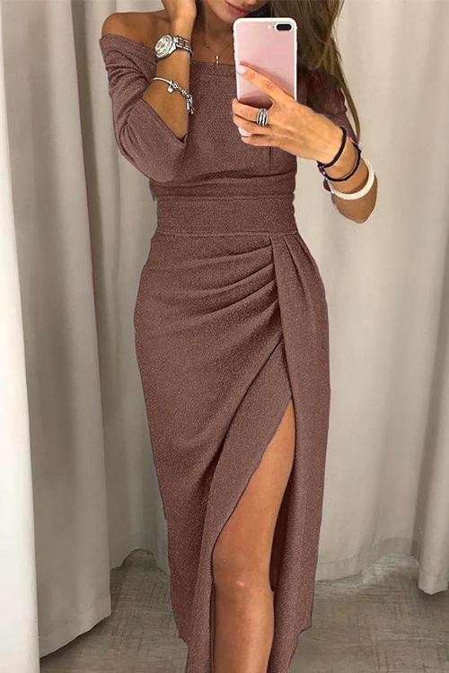 Dusty rose off-shoulder midi dress featuring ruched detailing and side slit