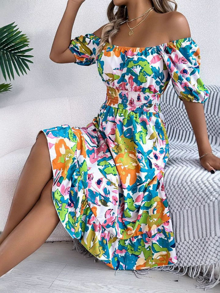 Boho off-shoulder midi dress in multicolour floral print with ruffled hem
