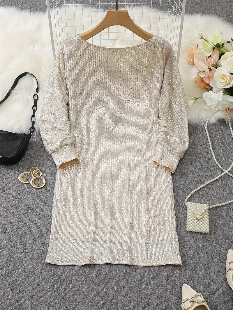 Cream sequin mini dress on hanger, back view with long sleeves