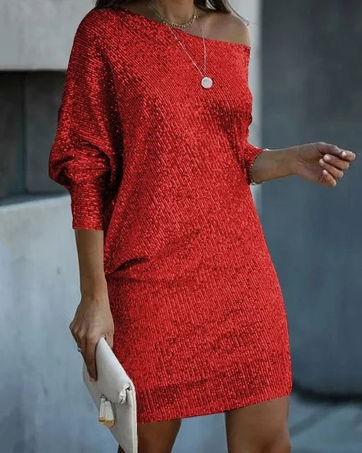 Red sequin mini dress with off-shoulder neckline, front view