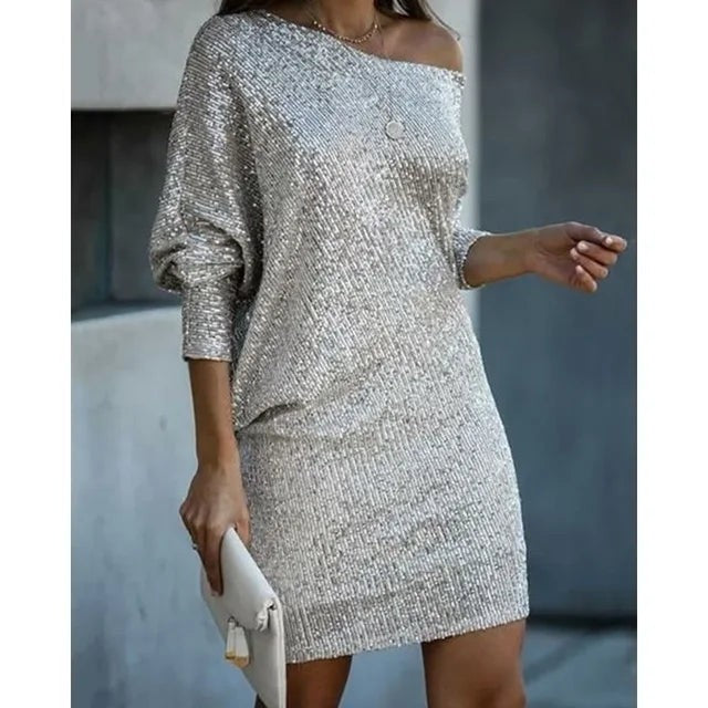 Silver sequin mini dress with off-shoulder detail, front view