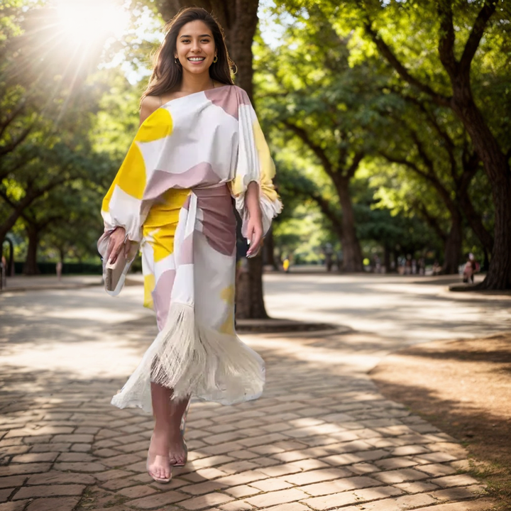 One-shoulder abstract print midi dress with fringed hem, worn on a tree-lined path