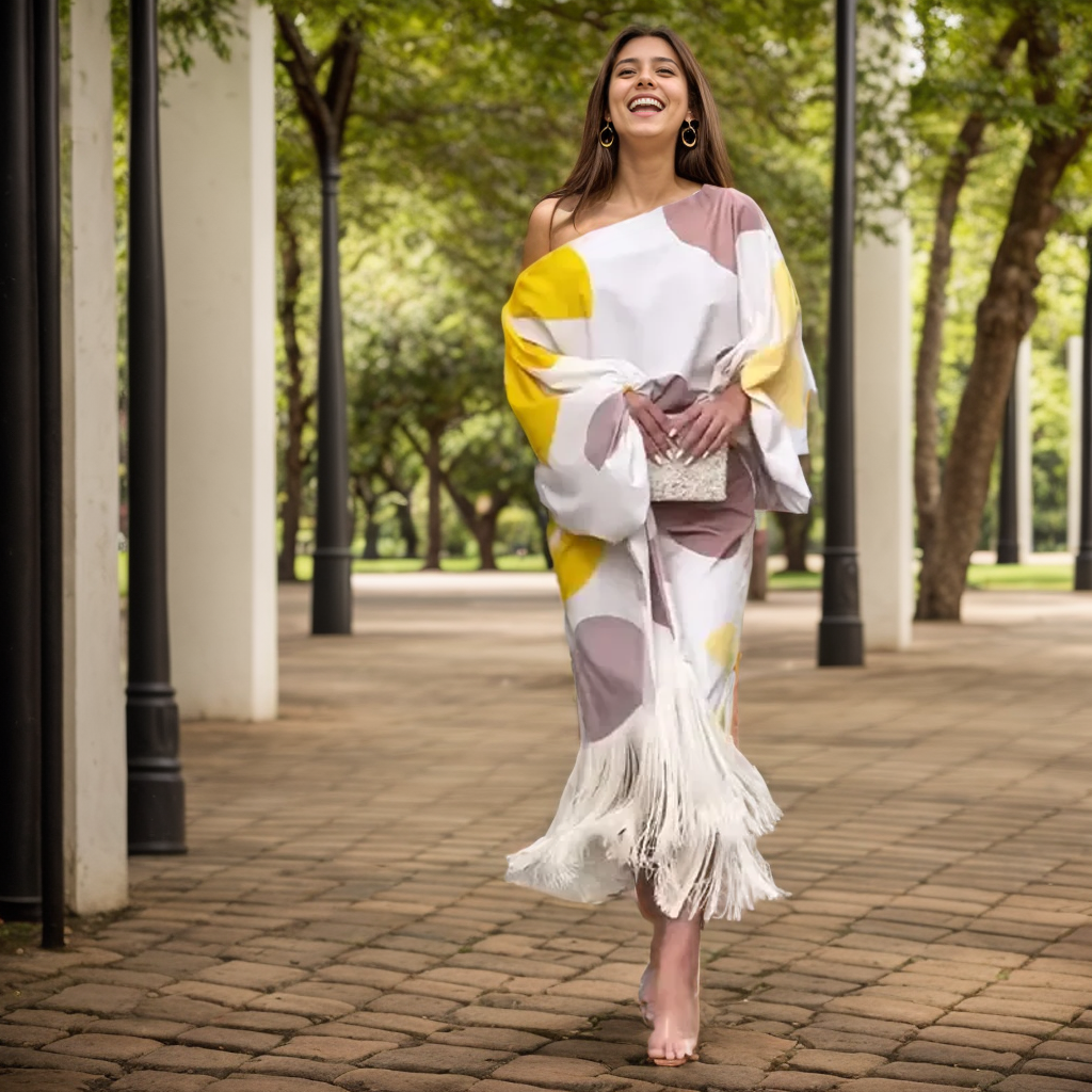 Batwing sleeve midi dress in yellow and mauve print, styled with a clutch bag