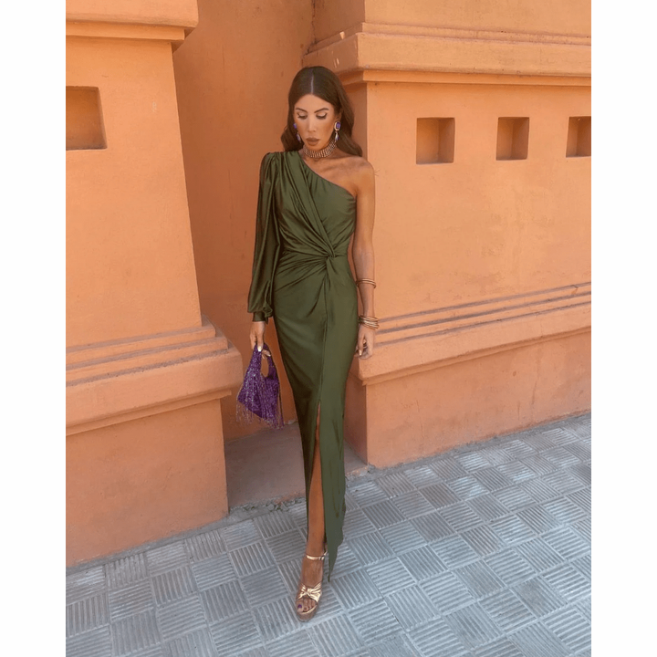 Olive green satin one-shoulder dress with twist waist and thigh split