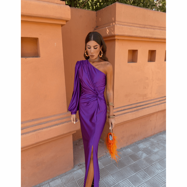 Purple satin one-shoulder evening dress with draped twist front detail