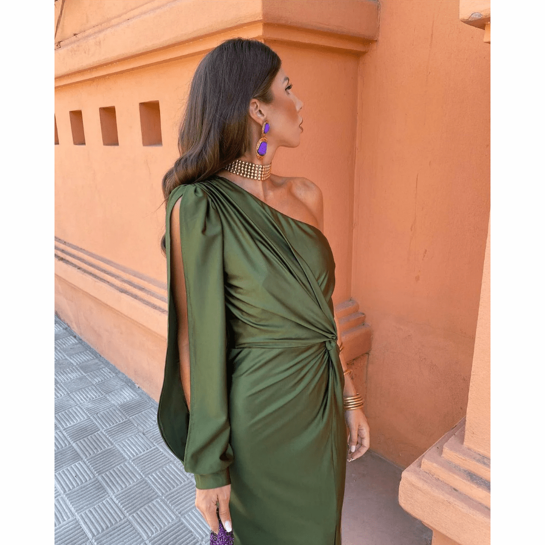 Side view of olive satin dress showing split sleeve and gathered waist