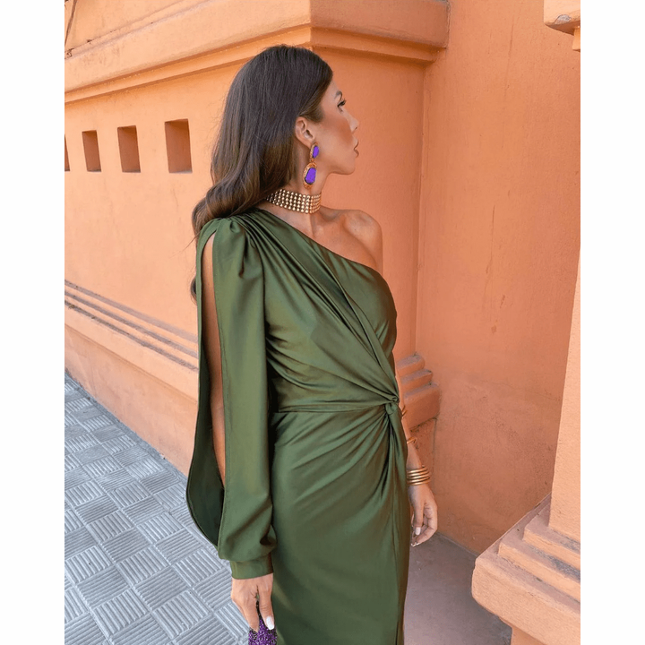 Side view of olive satin dress showing split sleeve and gathered waist