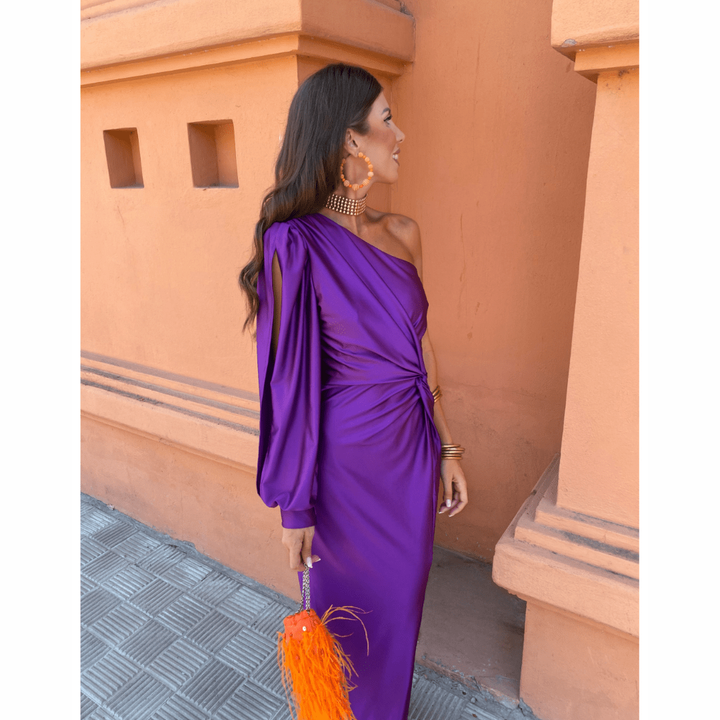Purple satin evening dress with slit sleeve and gathered one-shoulder neckline