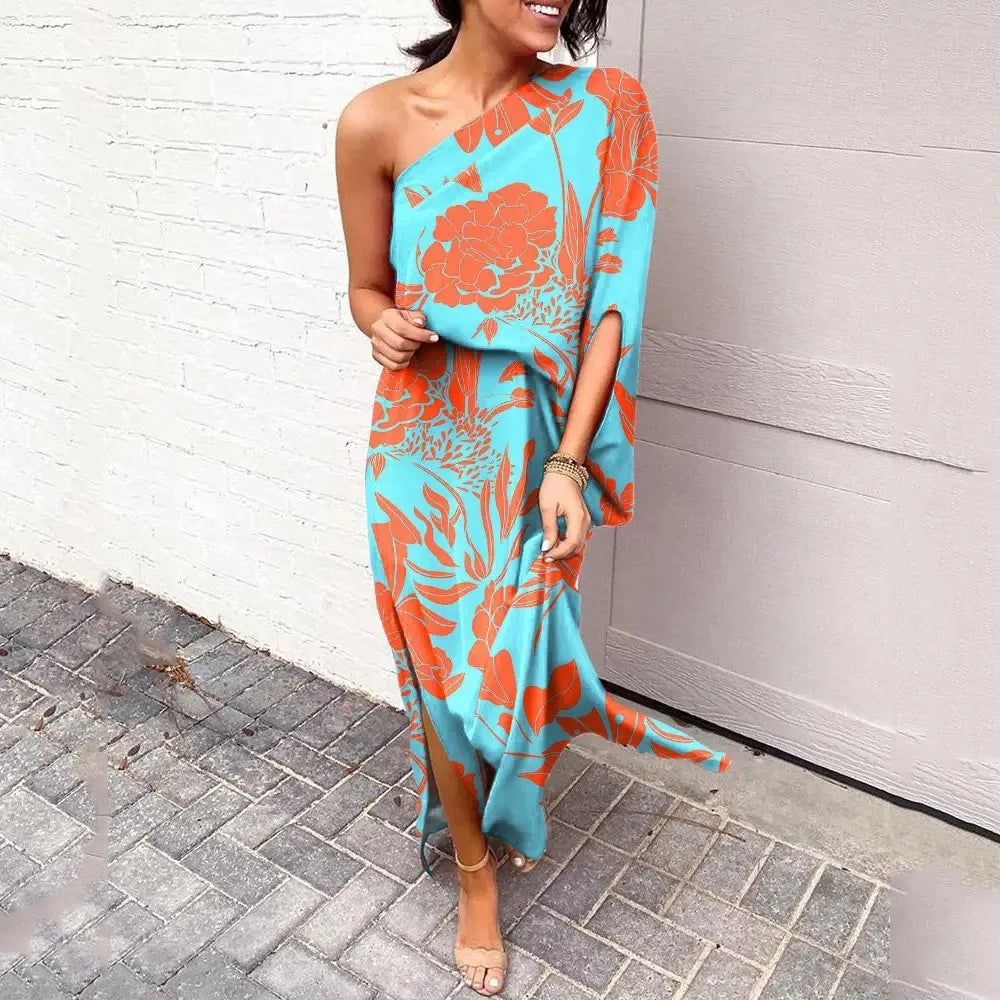 Turquoise and orange floral one-shoulder maxi dress with batwing sleeve