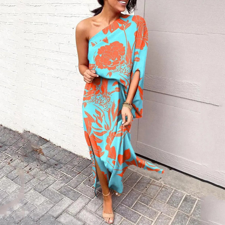 Turquoise and orange floral one-shoulder maxi dress with batwing sleeve