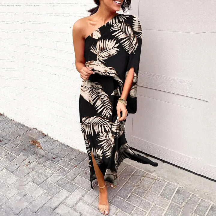 Black and beige palm-print one-shoulder maxi dress with draped design