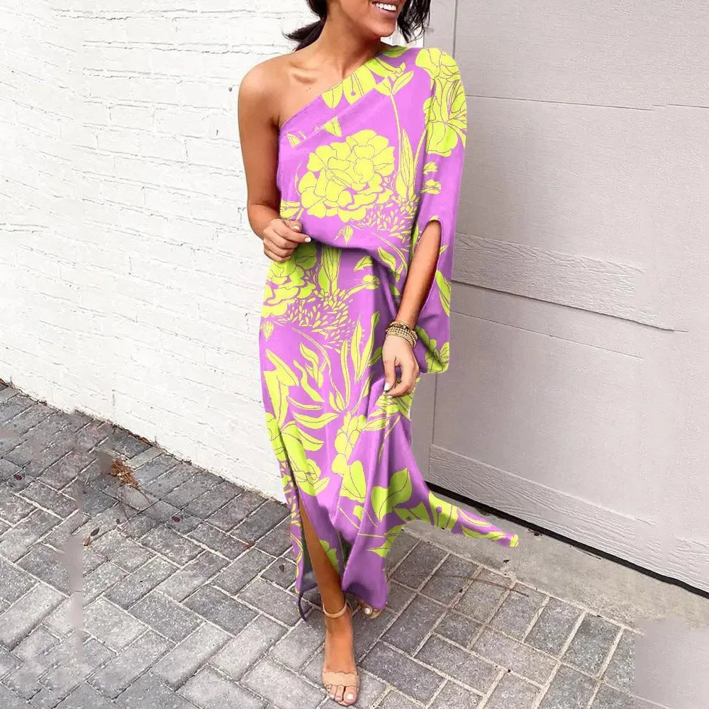 Purple and yellow floral one-shoulder maxi dress with flowing batwing sleeve